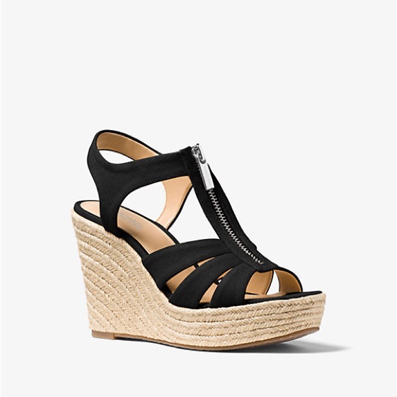 Michael Kors Black Tan Camel Berkley Canvas Wedge Sandal Platform Heels - Picture 1 of 3